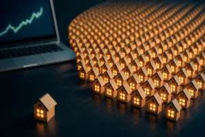 Una casita de madera iluminada frente a cientos de casitas iguales en filas, con una laptop mostrando una gráfica ascendente