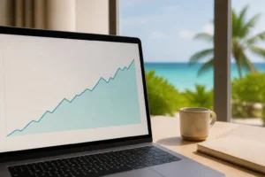 Laptop con una gráfica de posiciones en buscadores, oficina en Cancún
