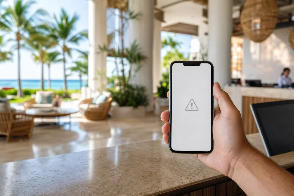 Teléfono mostrando una página de hotel que no carga, en el lobby de un hotel de Cancún