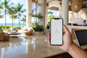 Teléfono mostrando una página de hotel que no carga, en el lobby de un hotel de Cancún