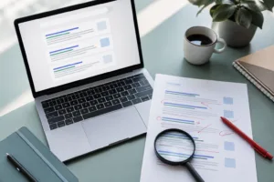 Escritorio con resultados de búsqueda analizados con lupa y correcciones en rojo
