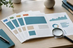 Cuatro páginas impresas iguales en distintos idiomas sobre un escritorio, con una lupa