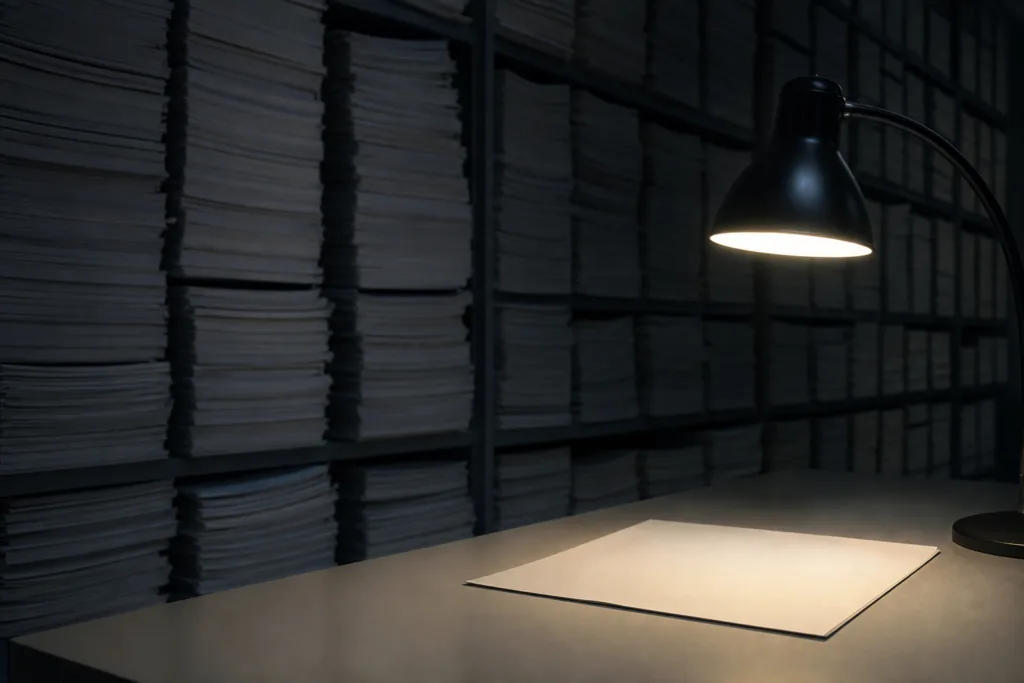 Muro de páginas impresas apiladas en un archivo en penumbra y una sola hoja iluminada sobre un escritorio