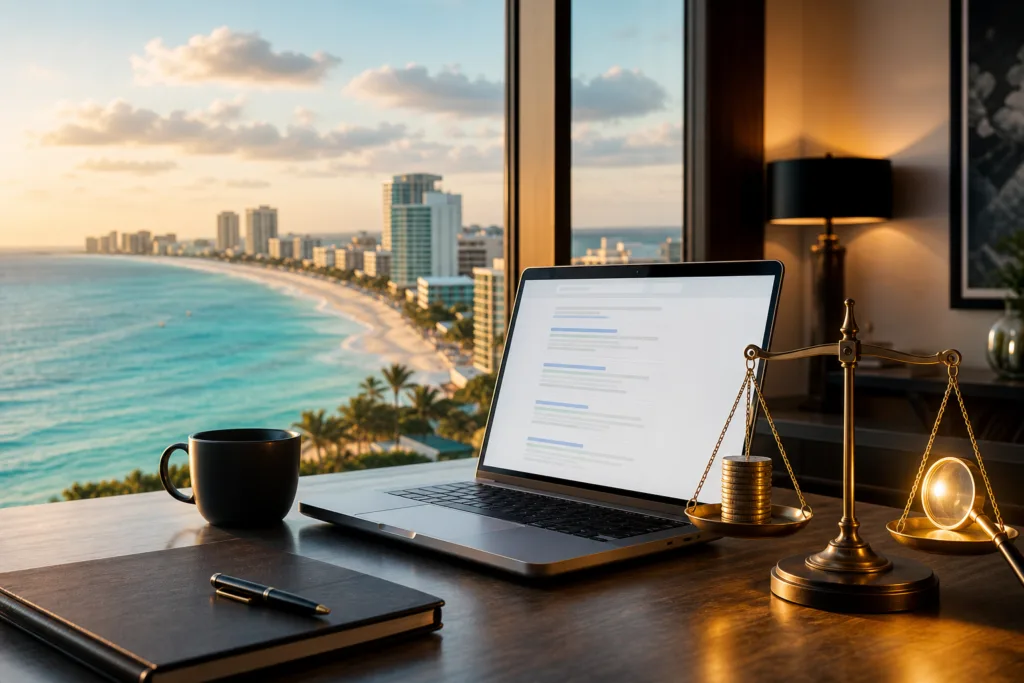 Escritorio con laptop mostrando resultados de búsqueda y una balanza que pesa monedas contra una lupa, frente a la zona hotelera de Cancún