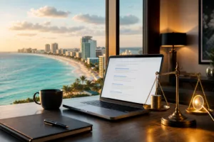 Escritorio con laptop mostrando resultados de búsqueda y una balanza que pesa monedas contra una lupa, frente a la zona hotelera de Cancún