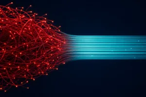 Maraña de cables rojos brillantes que se vuelve líneas turquesa rectas y ordenadas sobre fondo azul oscuro
