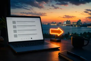 Laptop con resultados de búsqueda en la página cuatro frente al horizonte de la zona hotelera de Cancún al atardecer
