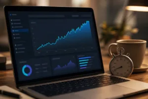 Laptop con panel de analítica web, cronómetro y taza de café sobre un escritorio