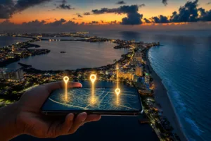 Mano sosteniendo un celular con un mapa y tres marcadores luminosos sobre la zona hotelera de Cancún al atardecer