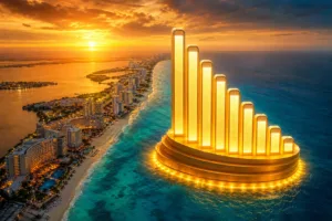 Podio dorado de diez barras luminosas sobre el mar Caribe frente a la zona hotelera de Cancún al atardecer