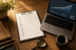 Escritorio de madera con una lista de doce verificaciones marcadas, una laptop con gráficas de analítica, una lupa y una taza de café