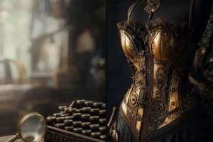 Corsé steampunk de latón con engranajes en un maniquí junto a una máquina de escribir y una lupa, mitad borrosa y mitad nítida