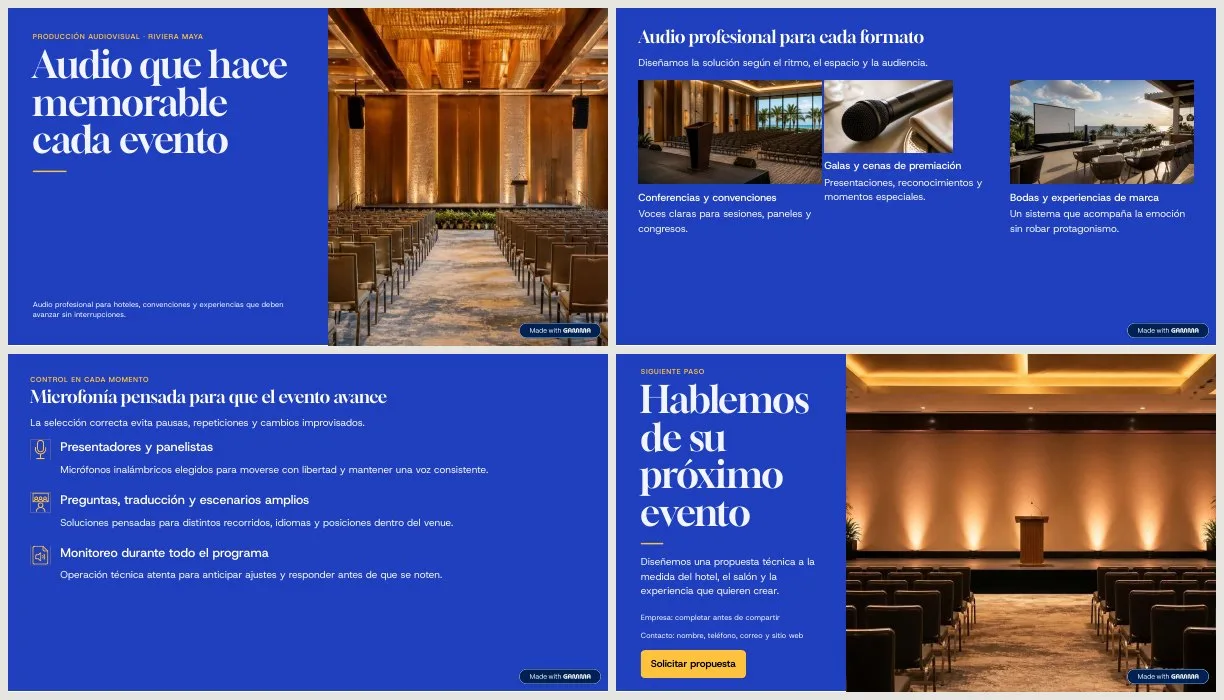 Cuatro láminas de una presentación de audio para eventos generada con Gamma
