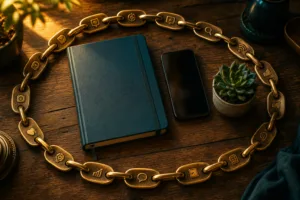 Cadena de eslabones de latón brillante formando un círculo sobre un escritorio con cuaderno, teléfono y una planta