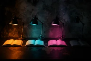 Cuatro libros abiertos sobre un escritorio, tres iluminados por lámparas de colores distintos y el cuarto en penumbra
