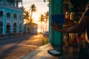 Fachada de un negocio local al amanecer con un cartel de abierto y un teléfono iluminado sobre el mostrador