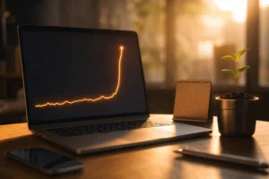 Laptop con una gráfica plana que de pronto se dispara, junto a un calendario y una plántula