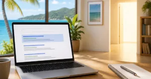 Portátil con resultados de búsqueda de Google frente al mar Caribe