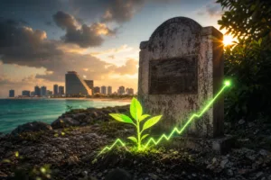 Lápida de piedra con una placa en blanco frente al mar de Cancún, con una planta verde y una línea de gráfica ascendente que brotan del suelo