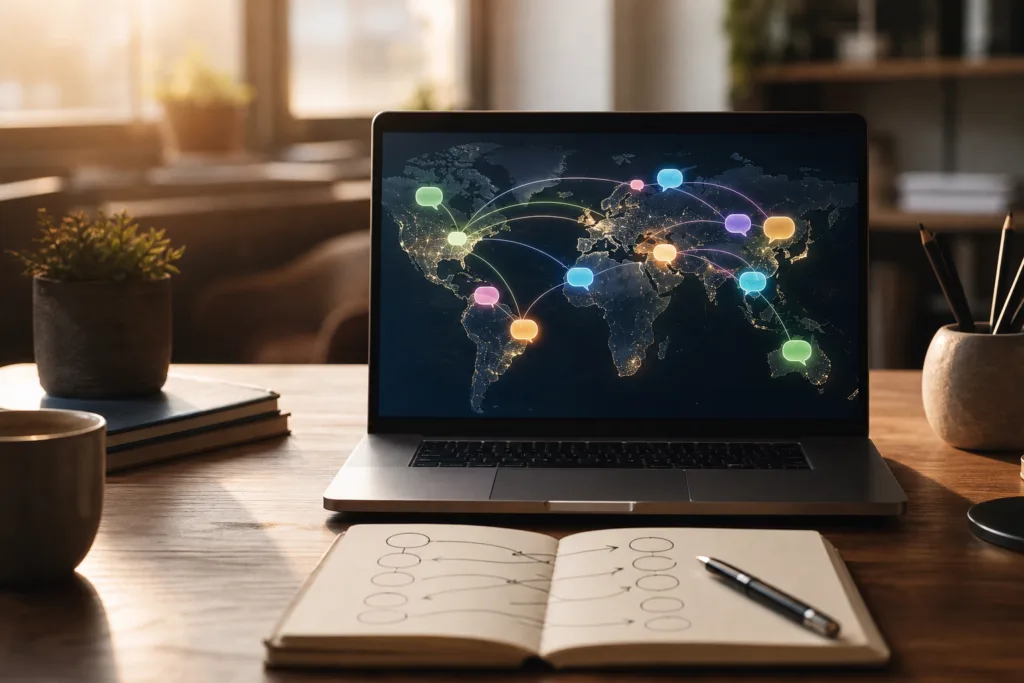 Escritorio con laptop que muestra un mapa del mundo con burbujas de idiomas conectando ciudades y una libreta con flechas entre dos columnas