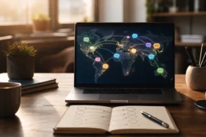 Escritorio con laptop que muestra un mapa del mundo con burbujas de idiomas conectando ciudades y una libreta con flechas entre dos columnas