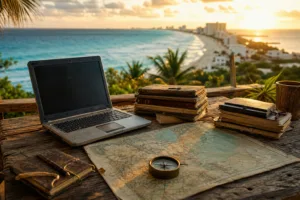 Escritorio de madera frente a la costa de Cancún al atardecer, con laptop, mapa antiguo y brújula